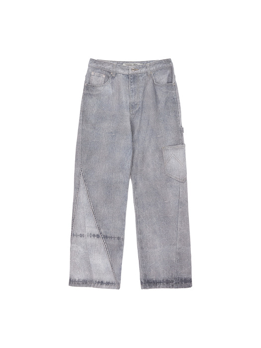 DENIM BLOCK PRINTED PANTS IN SKY