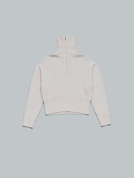 IVORY TWISTED KNIT ZIP UP TURTLE NECK