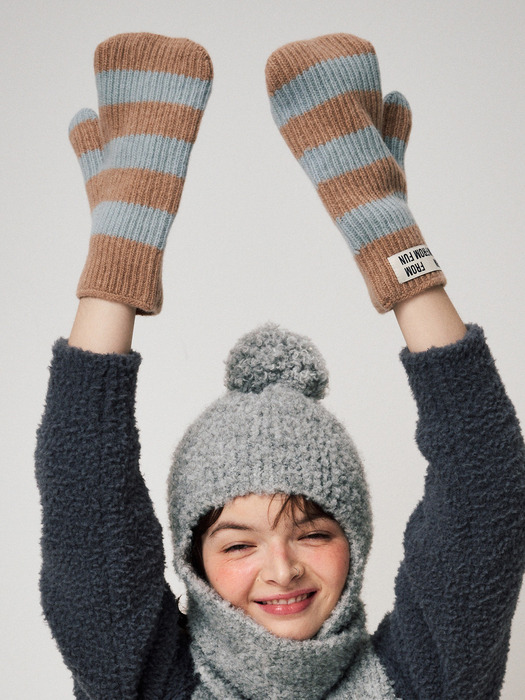 STRIPE MITTENS, BLUE+CAMEL