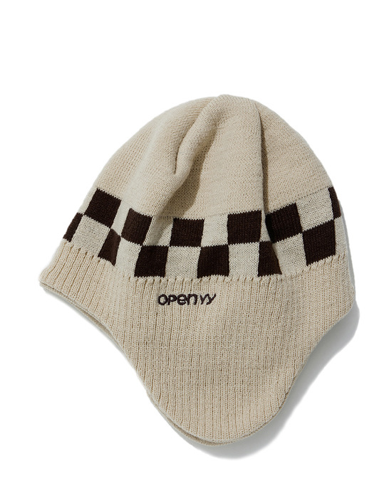 CHECKER BOARD EARFLAP BEANIE, BEIGE