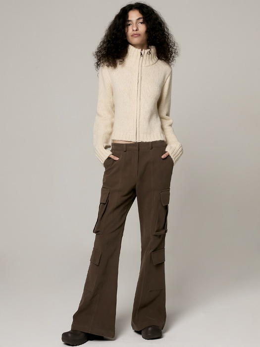 PEACHED COTTON CARGO BOOTCUT PANTS, BROWN