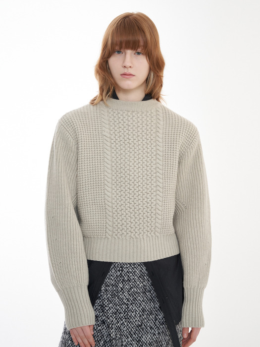 Crewneck Cable Volume Sleeve Knit Pullover_Warm Grey