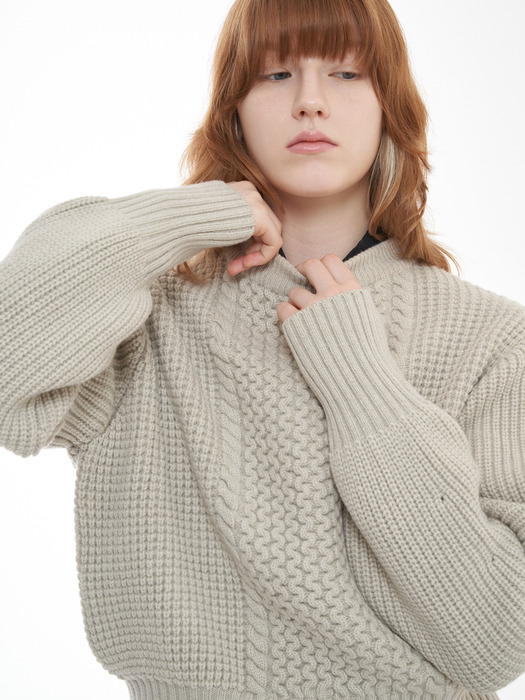 Crewneck Cable Volume Sleeve Knit Pullover_Warm Grey