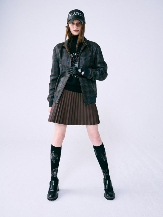FAUX LEATHER ACCORDIAN PLEATS SKIRT_BROWN BLUE