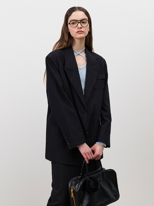 24 Spring_ Black Oversized Nylon Blazer