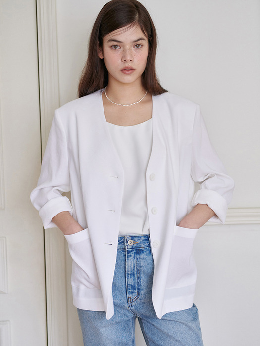 24N linen collarless minimal jacket [WH]