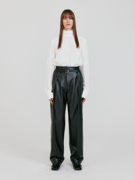 ZETTE Belted Tuck Leather Pants - Z-Black