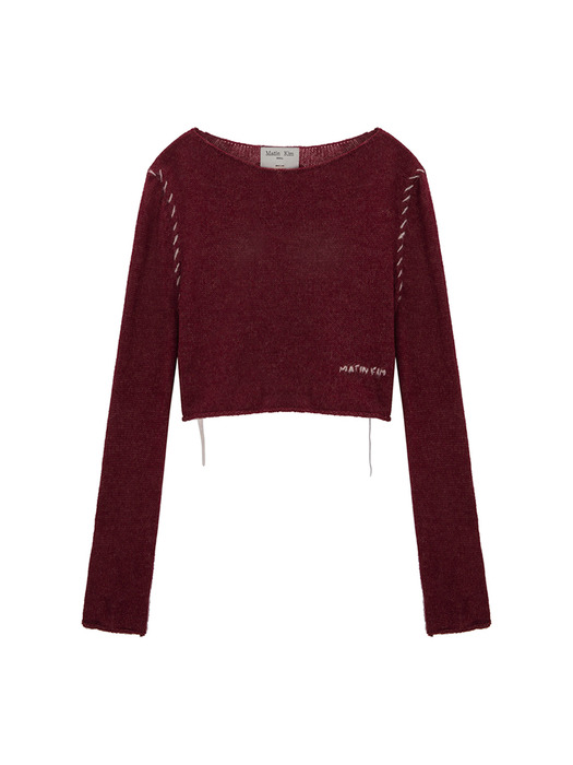 SLIMFIT SEE THROUGH STITCH KNIT TOP IN BURGUNDY - Image 2