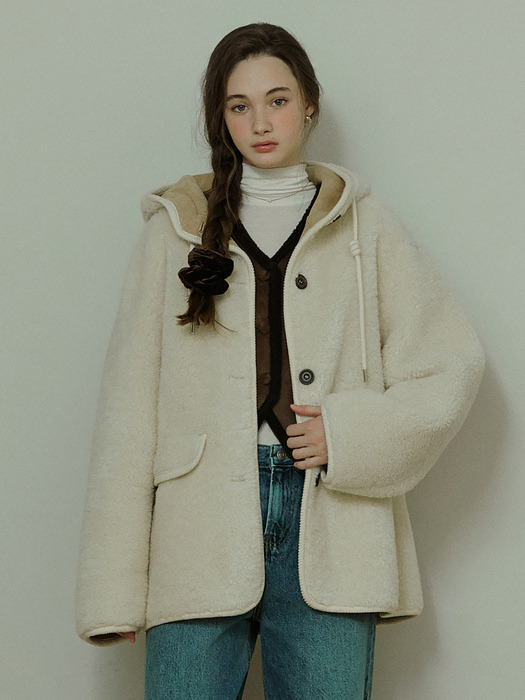 Rope strap fluffy fur suede mustang coat - ivory