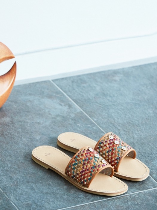 botton mesh leather slippers_multi