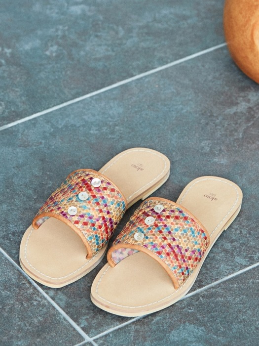 botton mesh leather slippers_multi