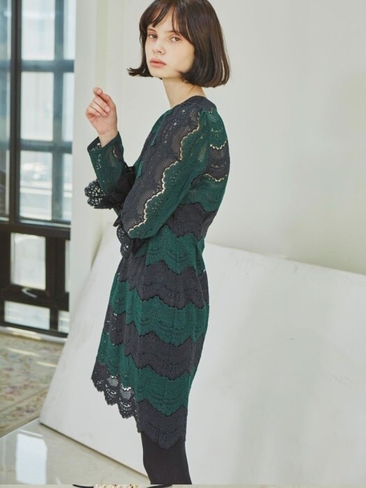 Green and Black Lace Stripe Dress_Green