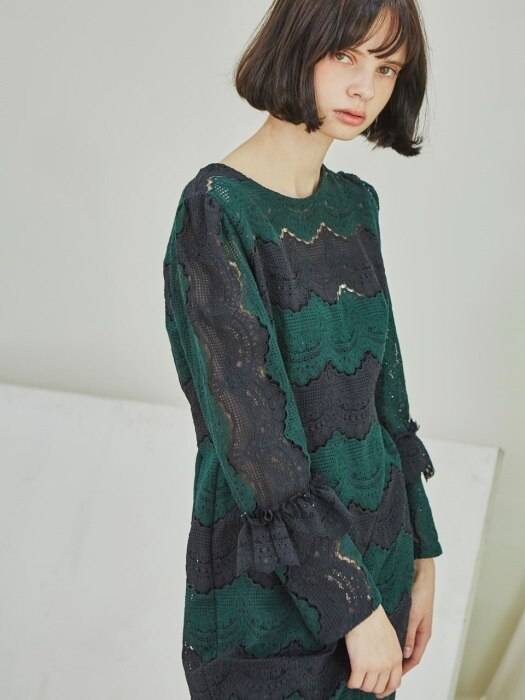 Green and Black Lace Stripe Dress_Green