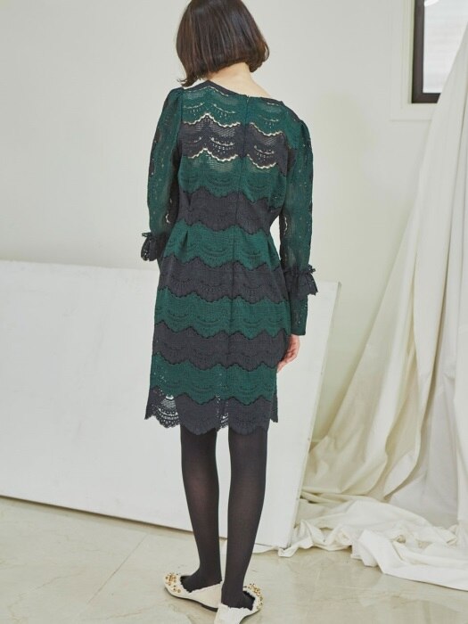 Green and Black Lace Stripe Dress_Green