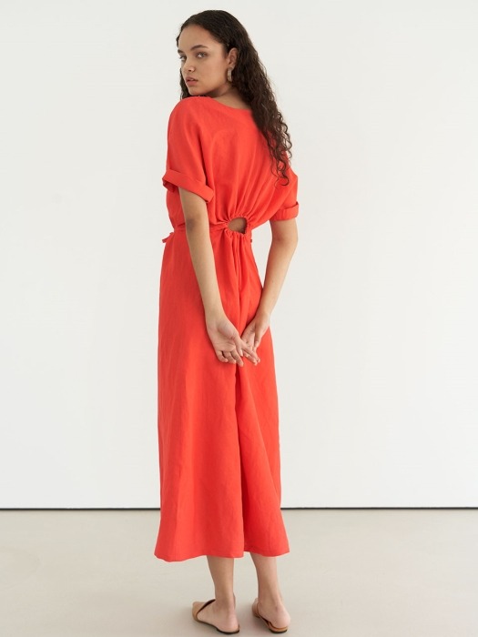 Linen shirring dress - Red