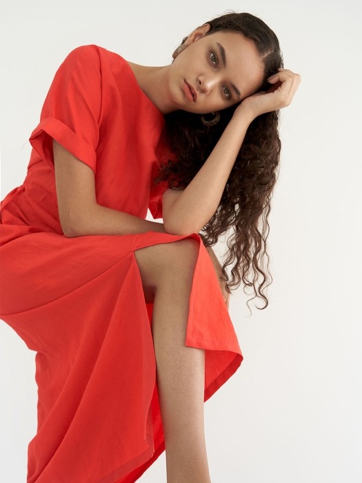 Linen shirring dress - Red