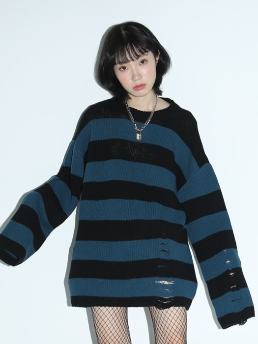 0 8 lambswool stripe knit top - BLUE-GREEN