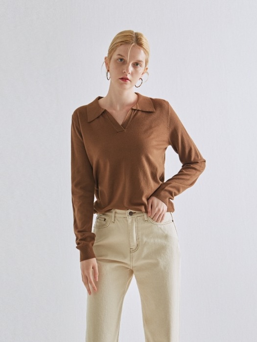 SLIM V COLLAR KNIT_BROWN