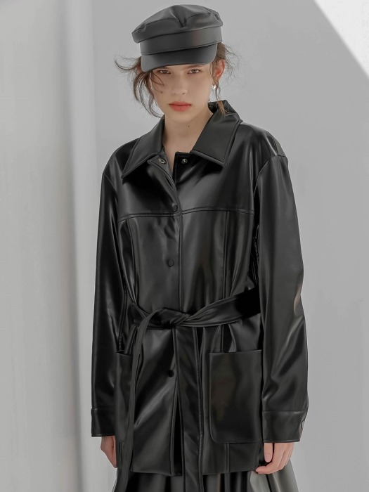 002 Belted black leather jacket