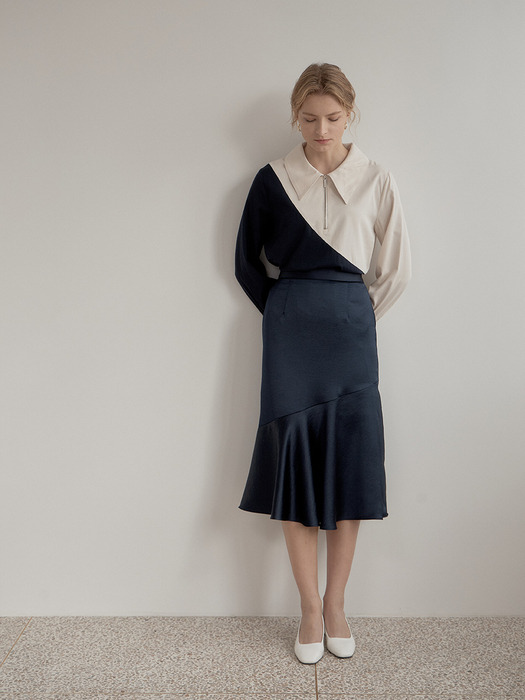 [SET] DIAGONAL LINE SHIRT_NAVY + LINE MERMAID SKIRT_NAVY