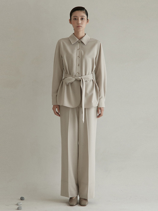 [SET] V. belt slit blouse + straight block pants (gray)