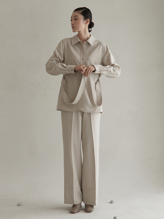 [SET] V. belt slit blouse + straight block pants (gray)