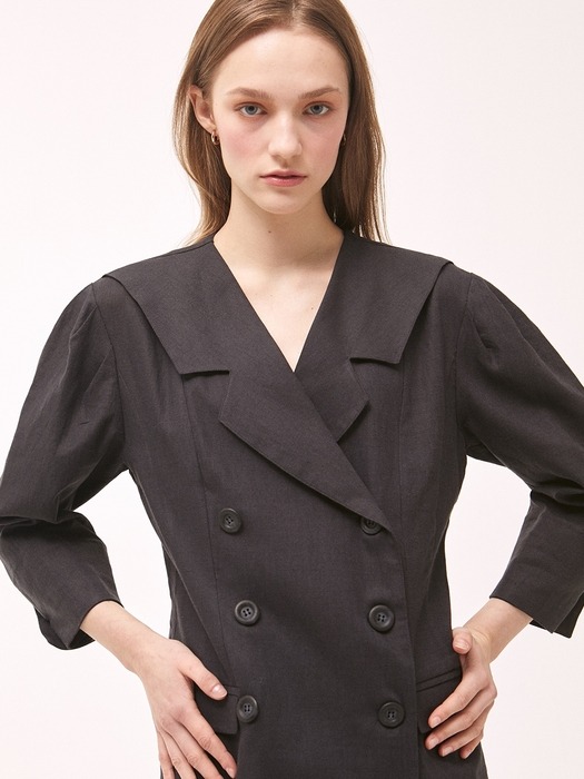 Linen Front Collar Jacket Dress - Navy