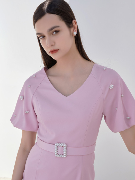 MILANA / Ribbon Point Jewel Belted Dress(pink)