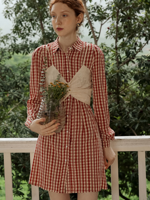 Red check puff sleeve shirts dress