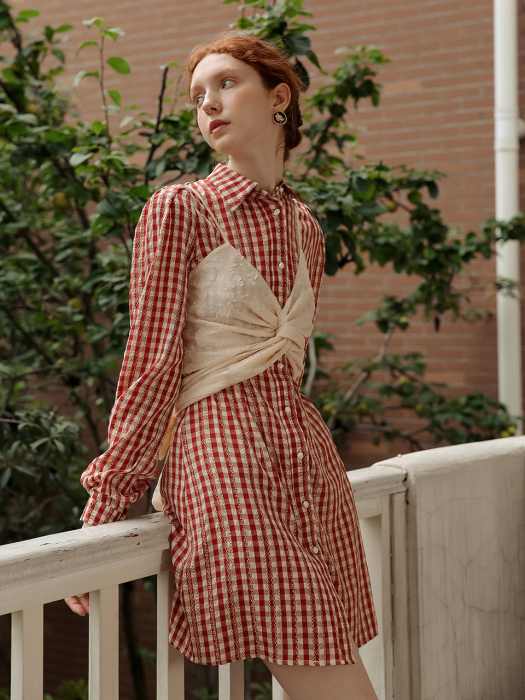 Red check puff sleeve shirts dress