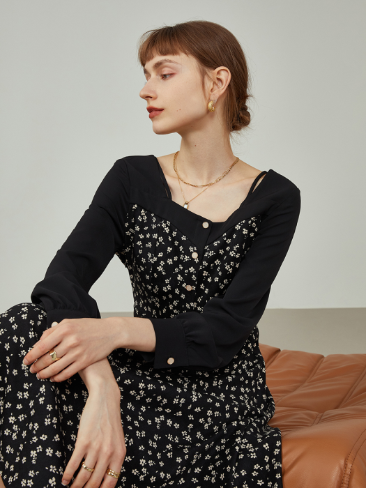 Floral neckline strap flare dress