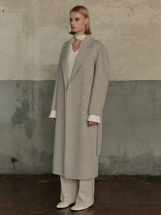 GENEVE Cashmere Belted Minimal Handmade Coat_Gray Oatmeal