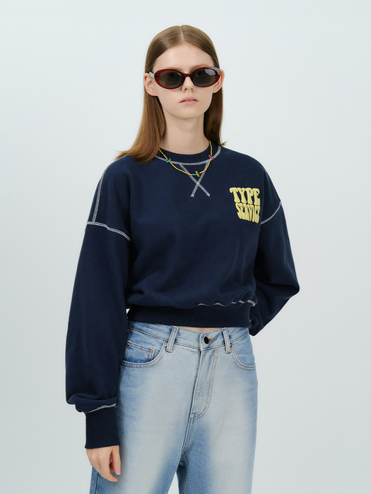 Premium Heavy Cotton Line Crop Sweatshirt [Navy]