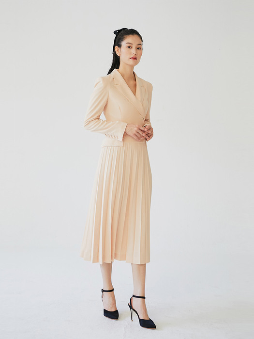 [미전시]NADIA Classic notched collar pleated dress (Cream apricot)