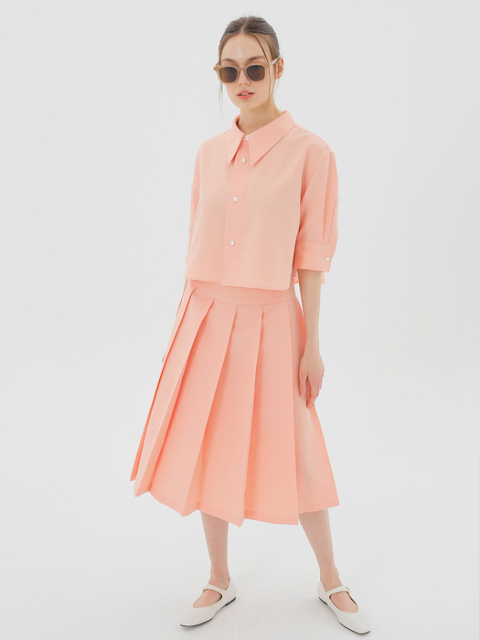 Wide Pleated Midi Skirt Pink