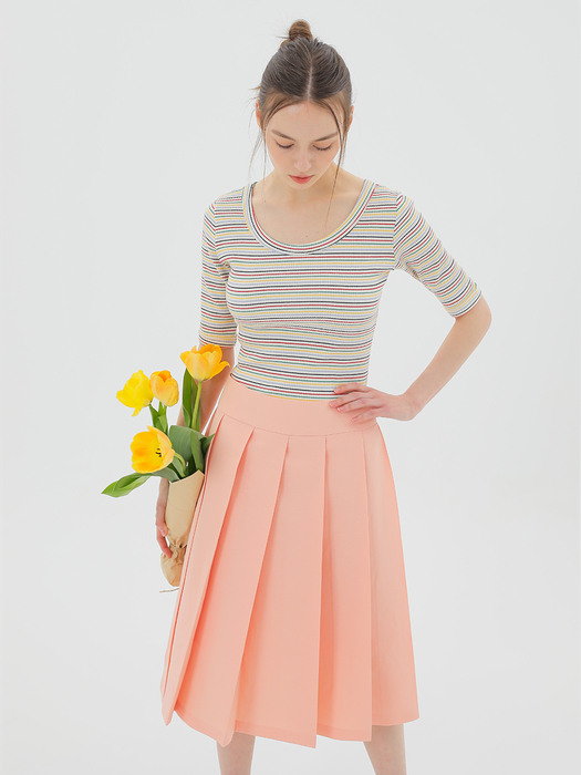 Wide Pleated Midi Skirt Pink