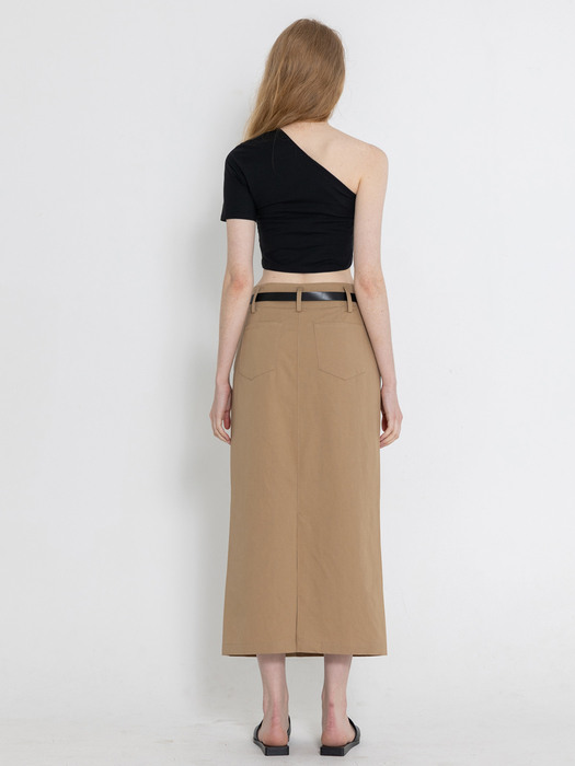 Linen Cotton Belted Long Skirt_Deep Beige