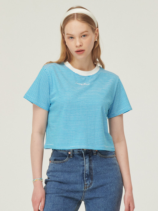 Stripe Crop Half Sleeve T-Shirt [blue]