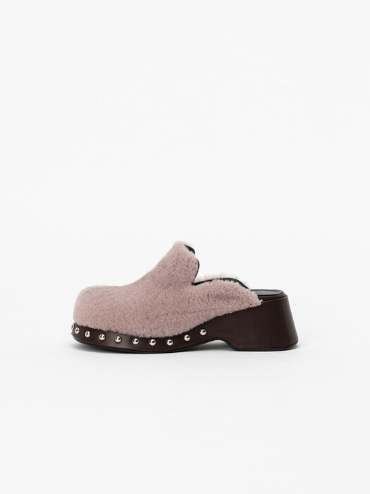 Brioso Shearling Clog Mules in Misty Rose Fur with Roast Brown