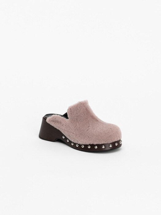 Brioso Shearling Clog Mules in Misty Rose Fur with Roast Brown