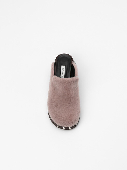 Brioso Shearling Clog Mules in Misty Rose Fur with Roast Brown