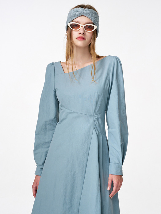 Unbalance Line Pintuck Dress, Greyish Blue