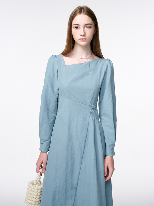 Unbalance Line Pintuck Dress, Greyish Blue