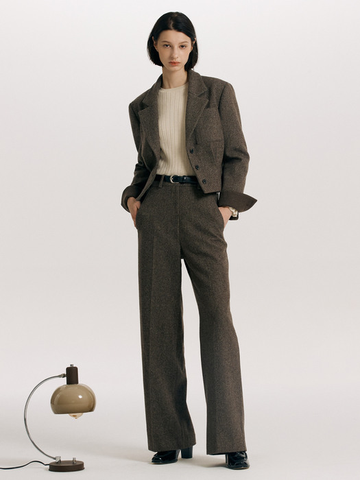[SET]FINSBURY Tuck detail crop wool jacket + MORDEN wool wide pants (Brown)