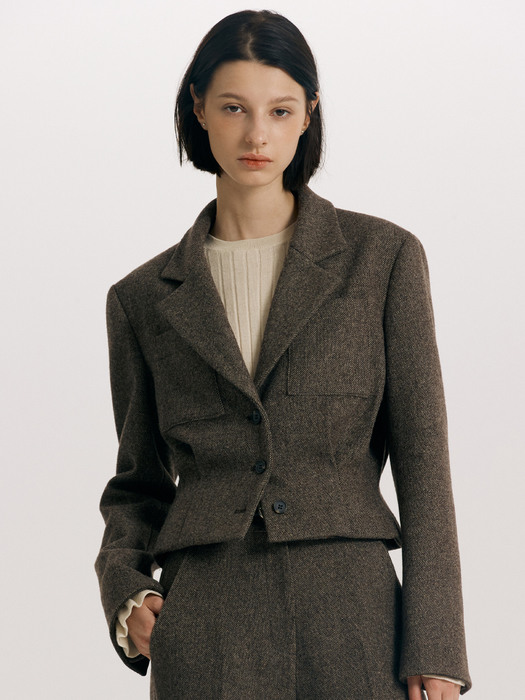 [SET]FINSBURY Tuck detail crop wool jacket + MORDEN wool wide pants (Brown)