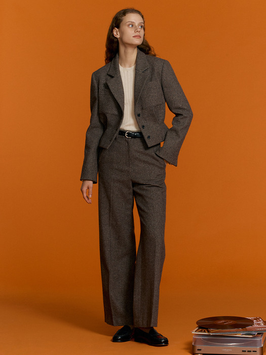 [SET]FINSBURY Tuck detail crop wool jacket + MORDEN wool wide pants (Brown)