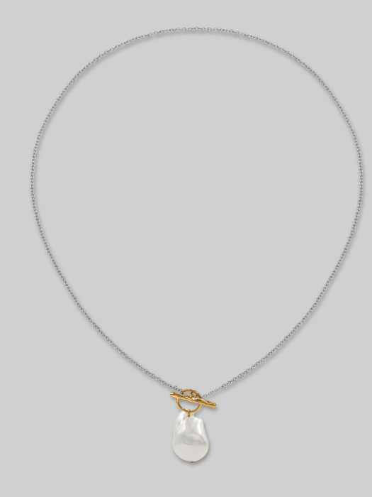 Dainty Pearl drop Two Tone Plated Toggle Clasp Necklace