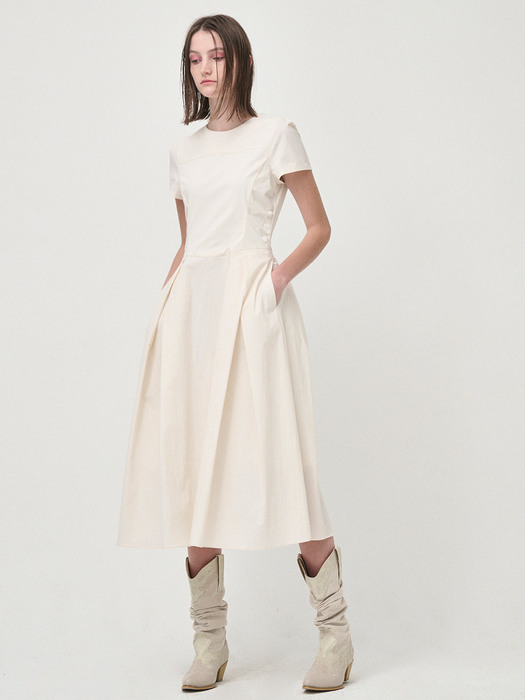 Side Shirring Pintuck Dress, Cream