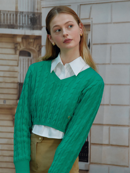 CROP V NECK CABLE KNIT GREEN