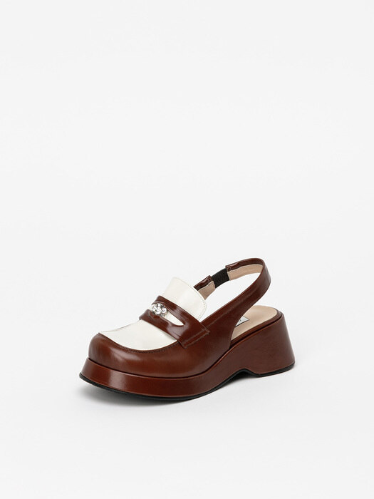 Brioche Clog Slingback Platform Shoes in Textured Brown with Ivory Textured Patent